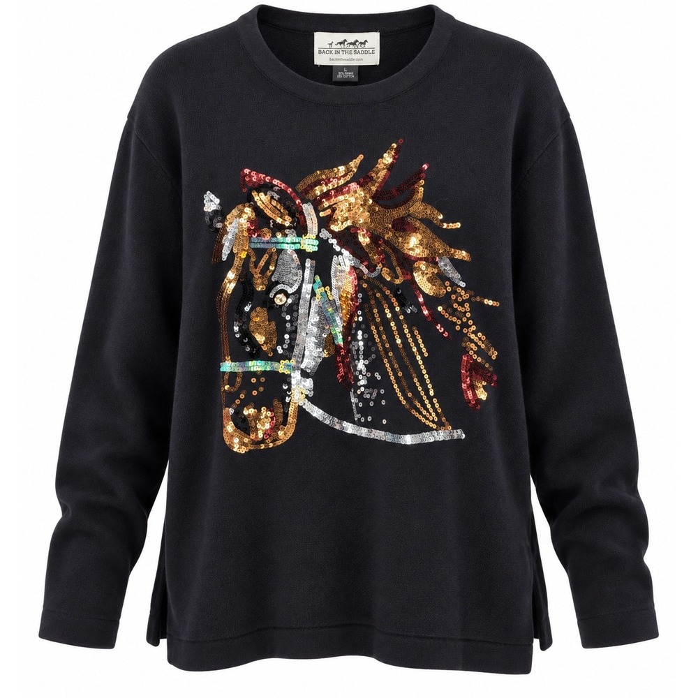Back In The Saddle Black Sequin Horse Graphic Knit Sweater Large Ramie Blend